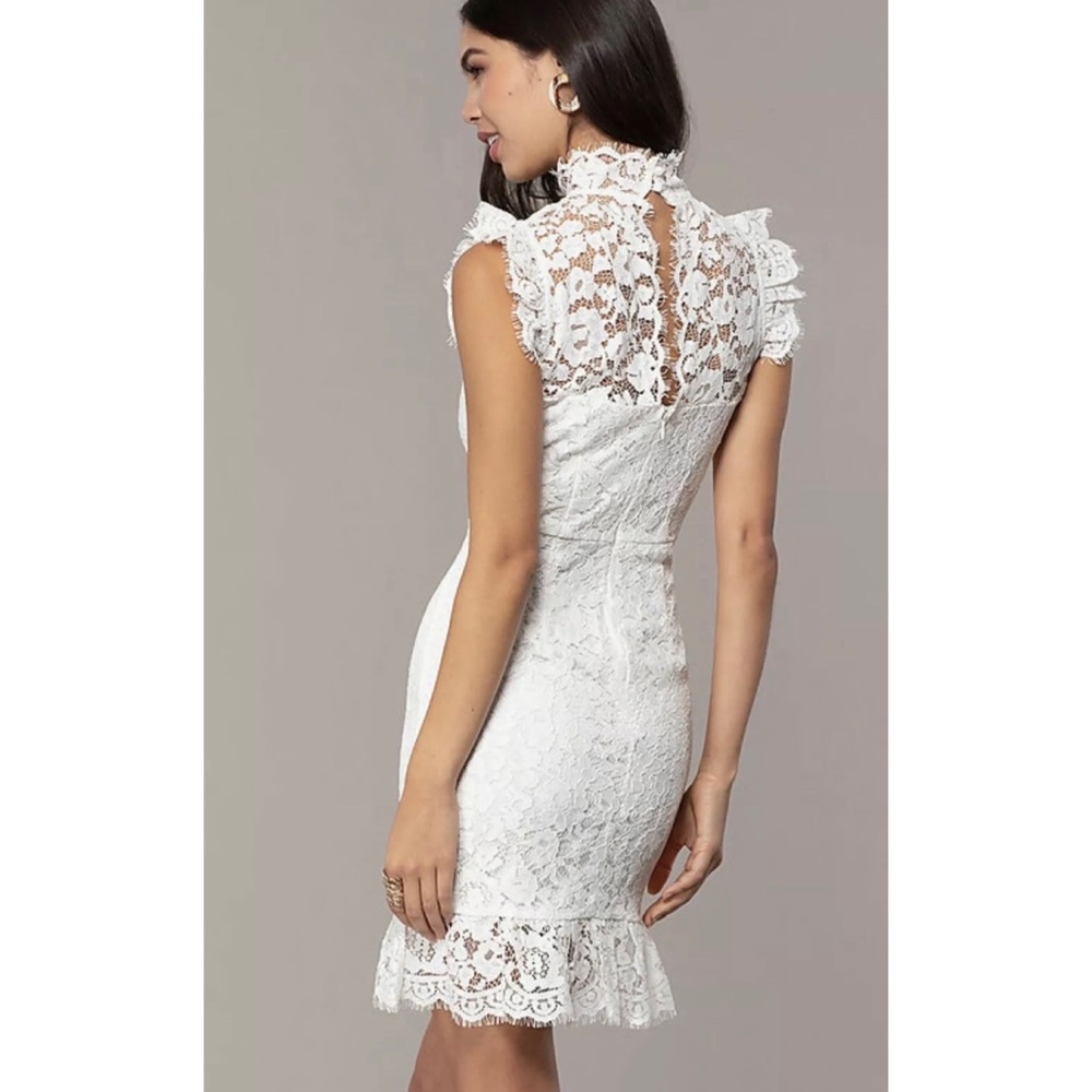 NEW Storia Brianne High Neck Short Sleeve White Allover Lace Ruffle Mini Dress L